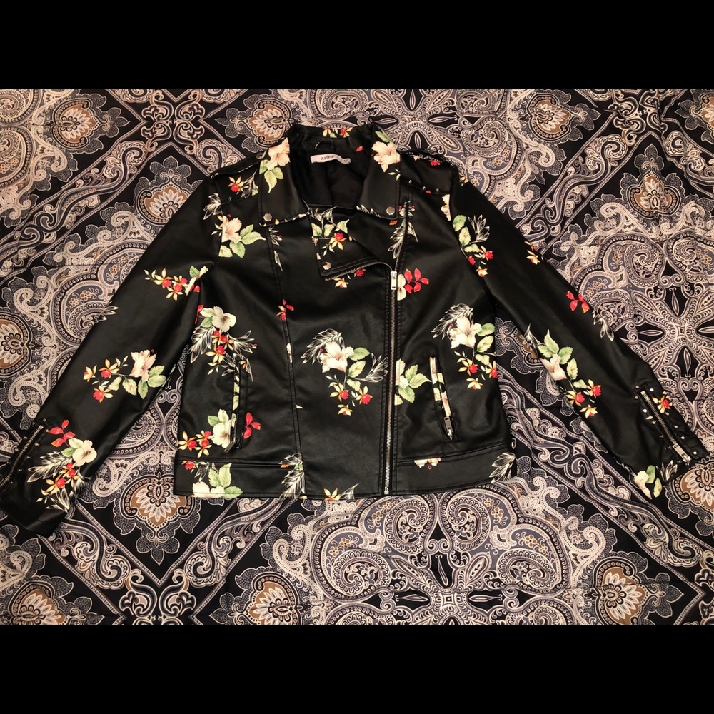 Floral Printed Faux Leather Jacket